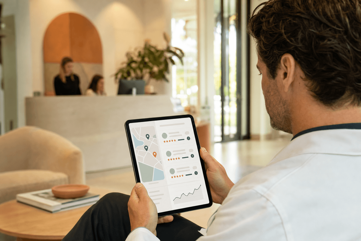A dental practice owner reviewing local search visibility on a tablet